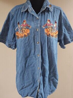 Vintage Bobbie brooks denim chambray shirt embroidered scarecrows halloween fall
